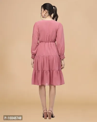 Womens Pink Georgette Solid Knee Length A-line Dress-thumb3