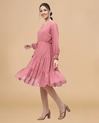 Womens Pink Georgette Solid Knee Length A-line Dress-thumb3
