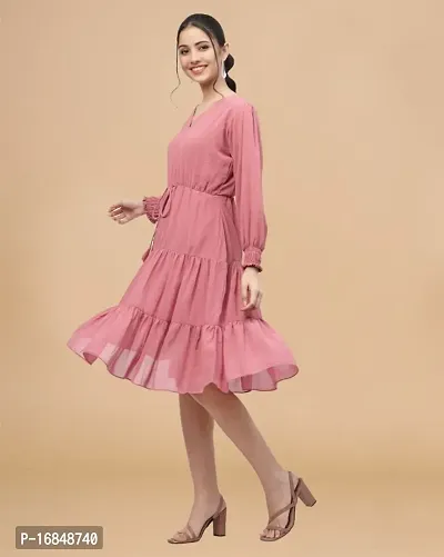 Womens Pink Georgette Solid Knee Length A-line Dress-thumb4