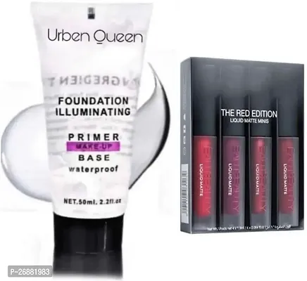 Makeup combo Makeup Base Primer With Red Edition Set Of 4 Liquid Lipstick (Set Of 2)