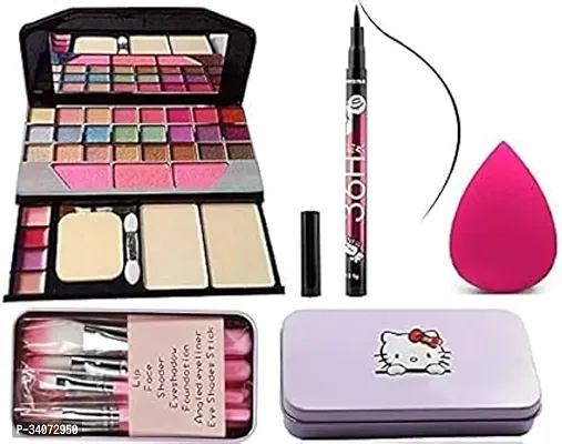 Multicolour Makeup Kit And 7 Pink Makeup Brushes Set, 36H Waterproof Eyeliner Pencil With Pink Beauty Blender, Pack Of 10