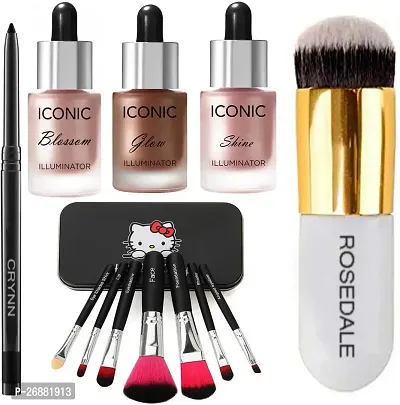 Makeup combo Water Proof Kajal  Iconic Shine Blossom Glow Illuminator Highlighter  Kitty Set 7 Studio Professional Makeup Brush-thumb0