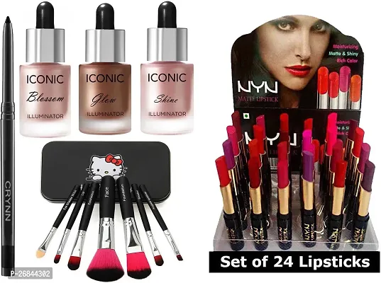 Water Proof Kajal And Iconic Shine Blossom Glow Illuminator Highlighter And Kitty Set 7 Studio Professional Makeup Brush