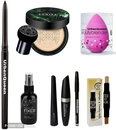 Makeup combo Kajal  Face Blendar Puff  Makeup Base Fixer  Dual Side Contour Stick  Eyebrow Pencil Black  Liquid Eyeliner  Mascara (3 In 1)