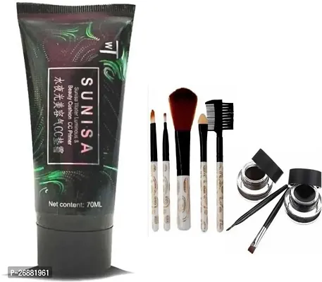 Makeup combo Set Of 5 Makeup Brushes Plus Gel Eyeliner 6 G (Black  Brown) Plus Sunisa Beauty Cc Primer - 70 Ml (Set Of 3)-thumb0