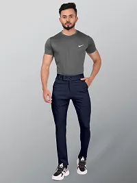 Fabulous Navy Blue Lycra Blend Solid Casual Trousers For Men-thumb3