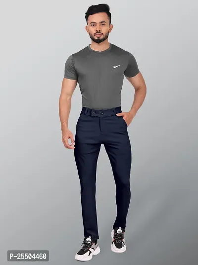 Fabulous Navy Blue Lycra Blend Solid Casual Trousers For Men-thumb4