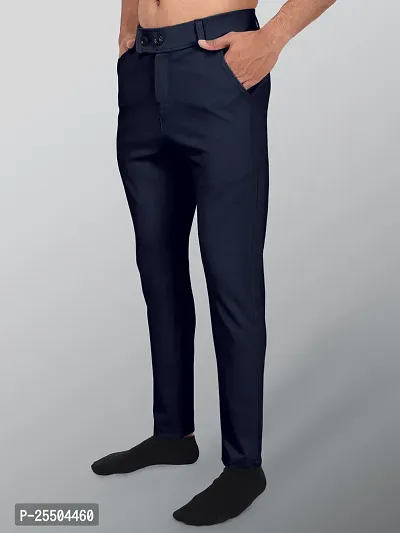Fabulous Navy Blue Lycra Blend Solid Casual Trousers For Men