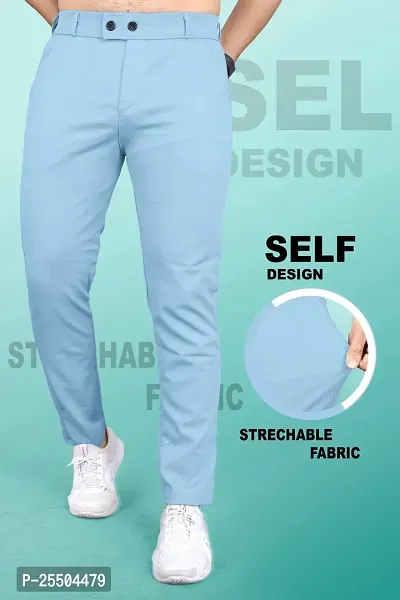 Fabulous Sky Blue Linen Blend Solid Casual Trousers For Men