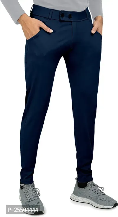 Fabulous Navy Blue Lycra Blend Solid Casual Trousers For Men