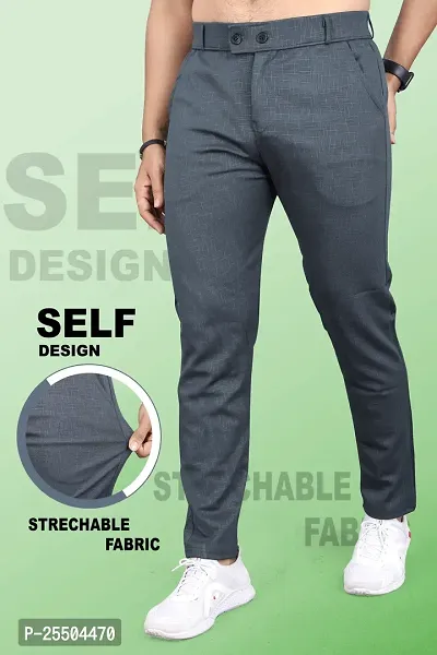 Fabulous Dark Grey Linen Blend Textured Casual Trousers For Men