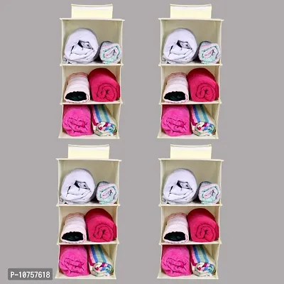 MBW Hanging Organizer for Wardrobe, Cloth Organizer for Wardrobe | Hanging Organizer, Clothes Organizer - Pack of 4 with 3 Shelves - Cream