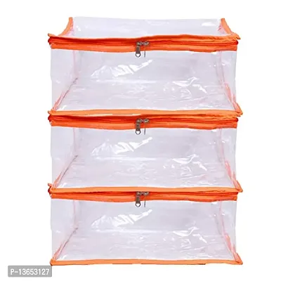 ABBASI Saree Cover Storage Bag Big for Clothes with Zip Organizer for Wardrobe, transparent Large Design Boxes (Pack of 3, Orange)