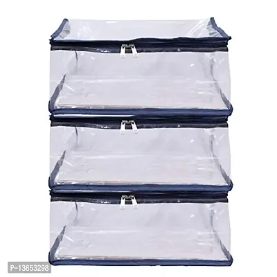 ABBASI Saree Cover Storage Bag Big for Clothes with Zip Organizer for Wardrobe, transparent Large Design Boxes (Pack of 3, Dark Blue)