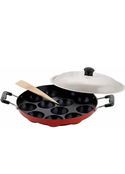 BIGWIN 12Cavities Non Stick Appam Patra with Lid and Side Handle/AppamPan/AppamMaker/PanCake/idali Maker/idliPankadai/litti maker/Pancake/Paniarakkal 1L capacity 21cm diameter