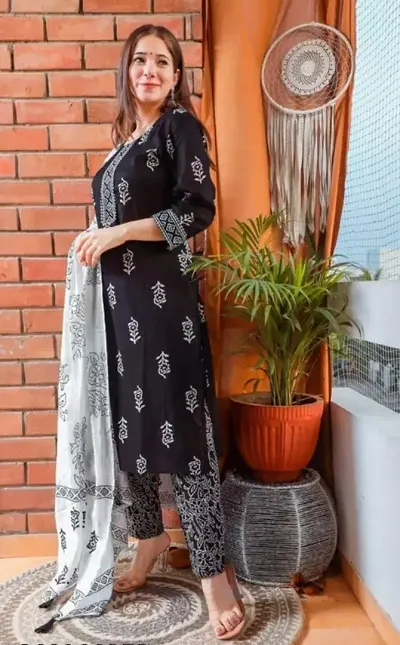 Stylish Rayon Printed Kurta Bottom Dupatta Set