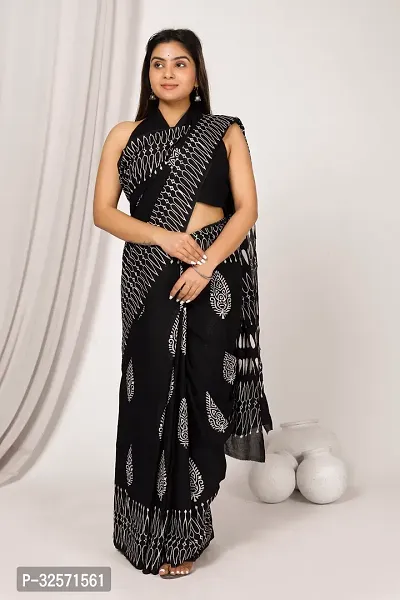 Beautiful Black Cotton Mulmul Printed Saree With Blouse Piece For Women-thumb0