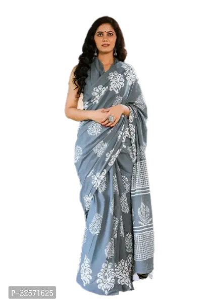 Beautiful Grey Cotton Mulmul Printed Saree With Blouse Piece For Women-thumb0