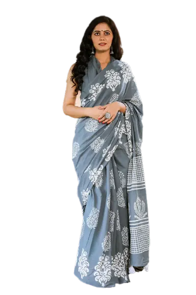 NIKHILAM Jaipuri Hand Block Printed Soft Cotton Mulmul Saree, Sanganeri Cotton Malmal Saree, Bagru, Batik Cotton Saree with Attached Blouse Piece for Woman