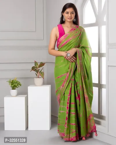 Stylish Green Cotton Blend Printed Saree with Blouse piece For Women