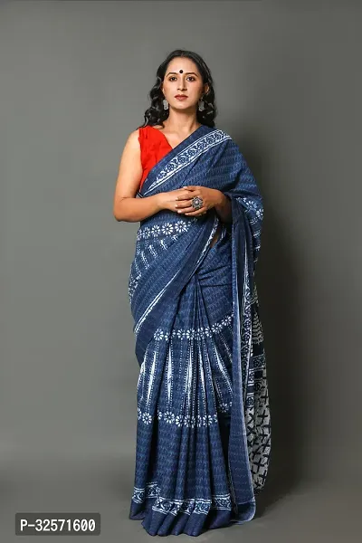 Beautiful Blue Cotton Mulmul Printed Saree With Blouse Piece For Women