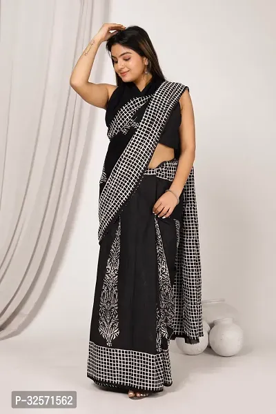 Beautiful Black Cotton Mulmul Printed Saree With Blouse Piece For Women-thumb0