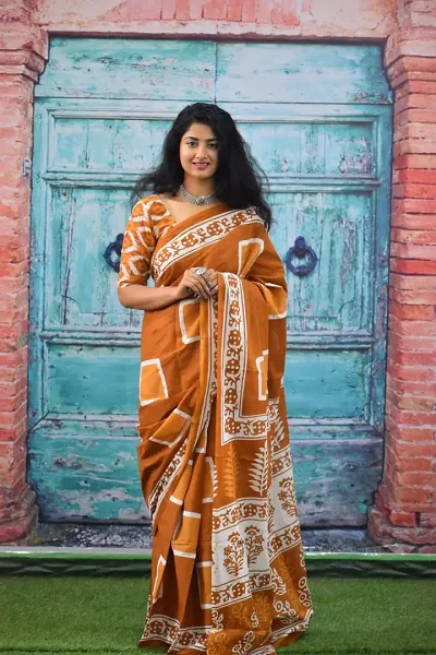 Jaipuri Printed Cotton Mulmul Saree With Attached Blouse Piece For Woman