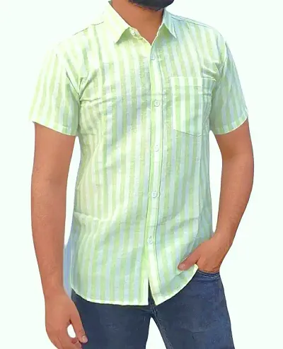 Trendy Blend Short Sleeves Striped Casual Shirt For Men