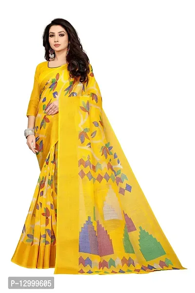 SATTVA Women's Zari Border & Floral Printed Cotton Blend Saree With Blouse Piece (Yellow_Free size)-thumb0