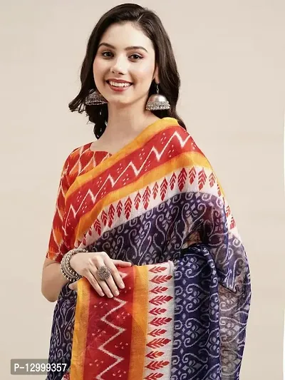 SATTVA Women's Printed Linen Cotton Sarees (Blue)-thumb5