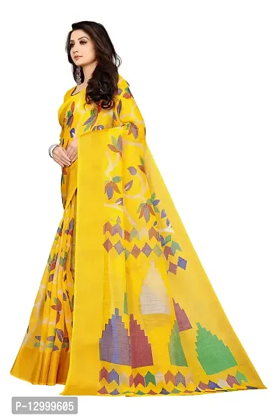 SATTVA Women's Zari Border & Floral Printed Cotton Blend Saree With Blouse Piece (Yellow_Free size)-thumb4