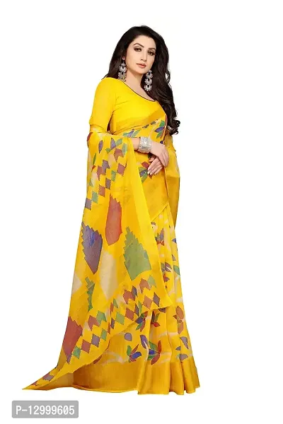 SATTVA Women's Zari Border & Floral Printed Cotton Blend Saree With Blouse Piece (Yellow_Free size)-thumb5