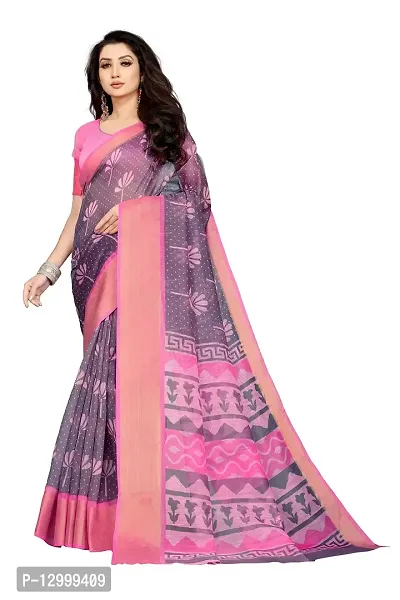 SATTVA Women's Zari Border & Floral Printed Cotton Blend Saree With Blouse Piece (Pink_Free size)