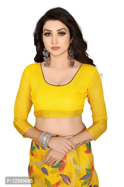 SATTVA Women's Zari Border & Floral Printed Cotton Blend Saree With Blouse Piece (Yellow_Free size)-thumb3