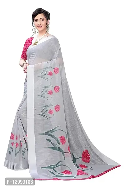 SATTVA Women's Floral Print Satin Patta Border Cotton Blend Saree With Blouse Piece (grey_Free size)-thumb2