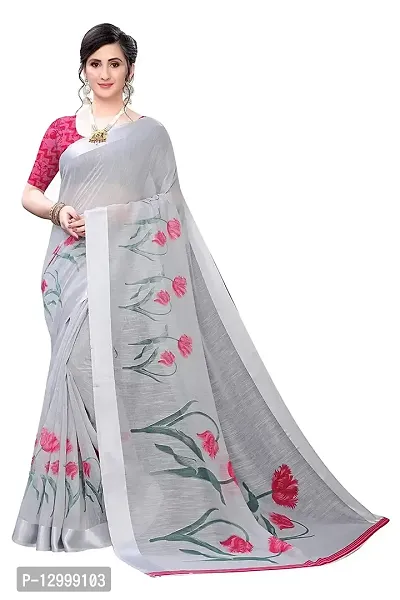 SATTVA Women's Floral Print Satin Patta Border Cotton Blend Saree With Blouse Piece (grey_Free size)