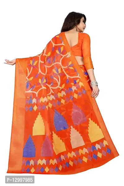 SATTVA Women's Zari Border & Floral Printed Cotton Blend Saree With Blouse Piece (Orange_Free size)-thumb2