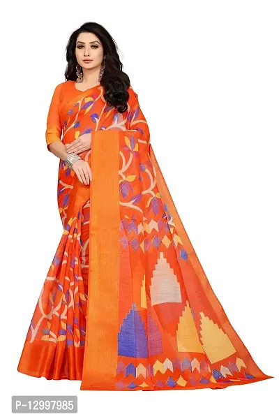 SATTVA Women's Zari Border & Floral Printed Cotton Blend Saree With Blouse Piece (Orange_Free size)