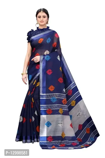 SATTVA Women's Checkered Print Satin Patta Border Cotton Blend Saree With Blouse Piece (navyblue_Free size)