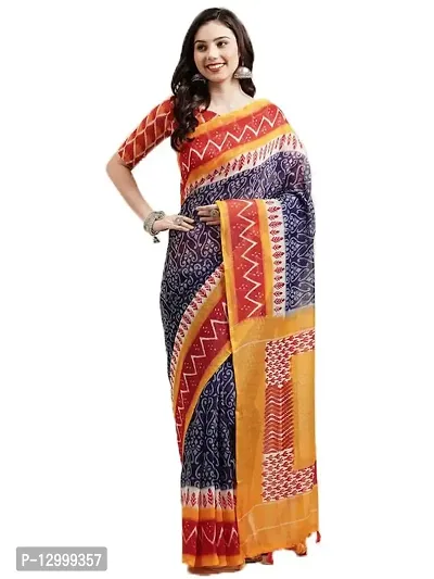 SATTVA Women's Printed Linen Cotton Sarees (Blue)-thumb0