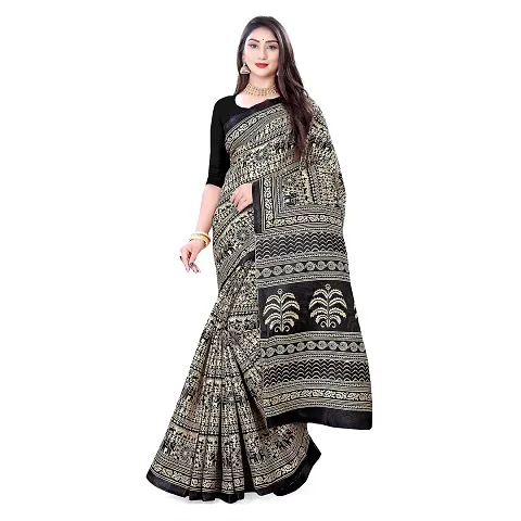 SATTVA Women's Tribal Print Khadi Silk Saree With blouse piece (Black-cream_Free size)