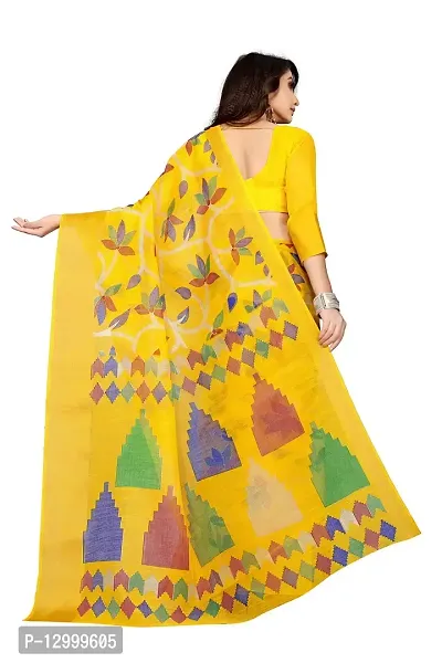 SATTVA Women's Zari Border & Floral Printed Cotton Blend Saree With Blouse Piece (Yellow_Free size)-thumb2