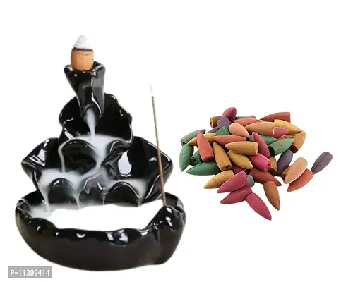 Fabric Smoke Fountain Incense Holder Showpiece with Backflow Cones, 10 x 10 x 11 Centimeters, Black Dark, 1 Showpiece, 10 Cones
