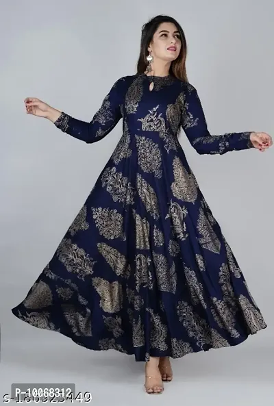 LONG WEDDING COLLECTION GOLD PRINT RAYON ANARKALI KURTI-thumb0