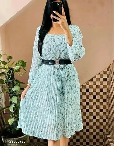 Stylish Turquoise Cotton Printed A-Line Dress For Women-thumb0