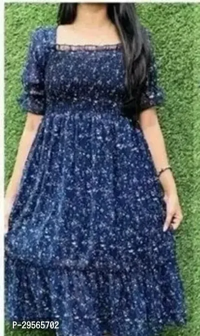 Stylish Blue Cotton Printed A-Line Dress For Women-thumb0