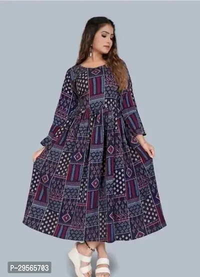 Stylish Blue Cotton Printed A-Line Dress For Women-thumb0