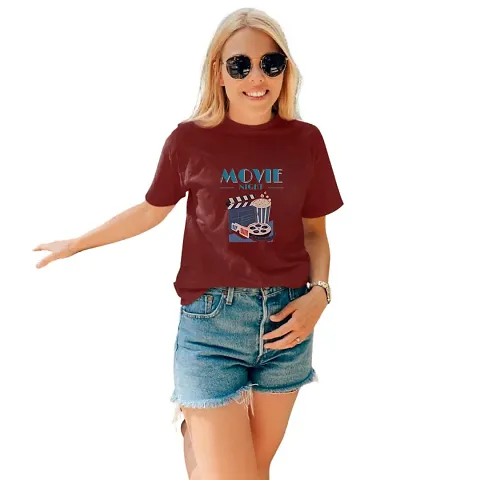 JAVA IMPRESSIONS Maroon T-Shirt | Graphic Printed T-Shirt | Half Sleeves T-Shirt | Round Neck T-Shirt | Maroon T-Shirt for Women | Movie Time t-Shirt(X-Large, Maroon)