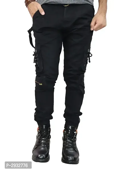 Men's Black Cotton Solid 6 Pocket Cargo Pants-thumb0