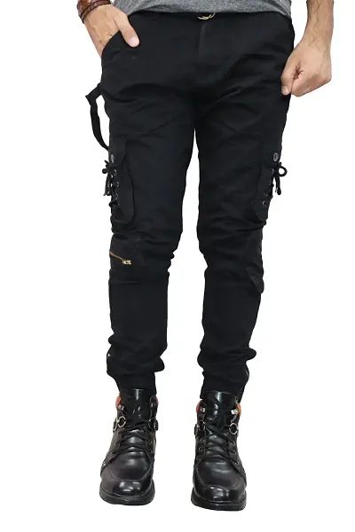 Men's Black Cotton Solid 6 Pocket Cargo Pants